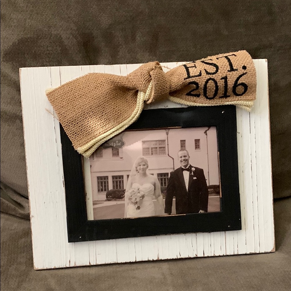 Mudpie Rustic White and Black Photo Frame with Burlap Bow New!